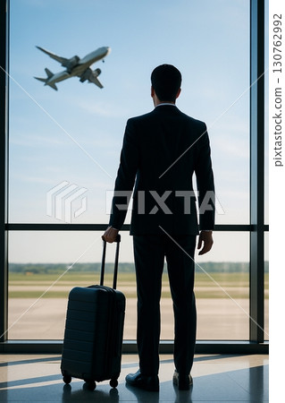 "The back view of a business person looking at an airplane 130762992