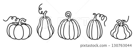 Outlined pumpkin set, isolated on a transparent background. Simple pumpkin doodles for coloring. Perfect for kids and adults, fall-themed crafts, Thanksgiving, and Halloween activities. Vector 130763044