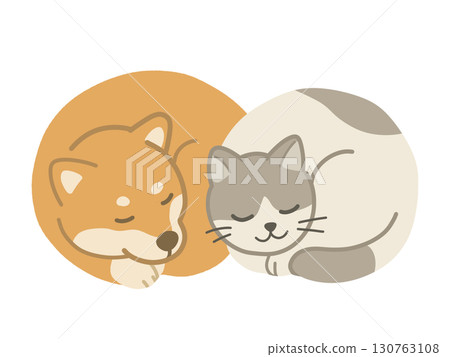 Illustration of a dog and cat sleeping happily curled up Illustration of a dog and cat sleeping happily curled up 130763108