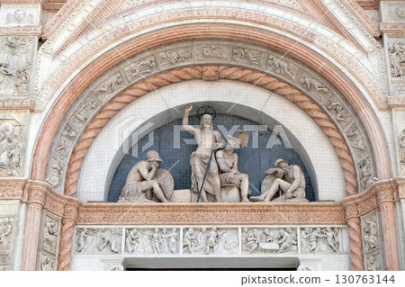 Lunette of the Resurrection, facade of San Petronio Basilica by Alfonso Lombardi in Bologna, Italy Lunette of the Resurrection, facade of San Petronio Basilica by Alfonso Lombardi in Bologna, Italy 130763144