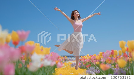 A woman jumps like she's dancing ballet in a colorful tulip field 130763181