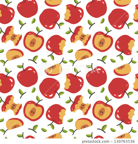 Seamless pattern with whole and bitten red apples on a white background. Vector illustration Seamless pattern with whole and bitten red apples on a white background. Vector illustration 130763536