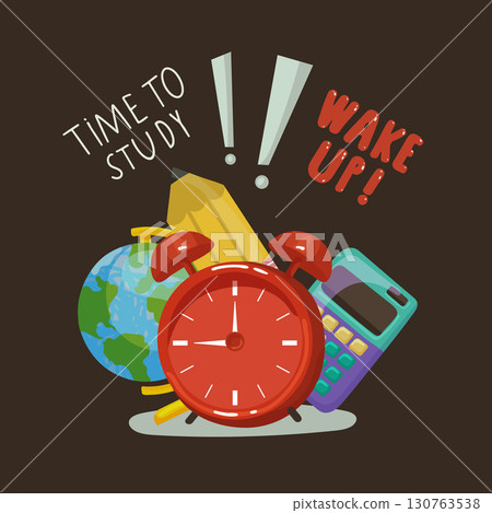Cute vector illustration time to study, wake up quotes. Red alarm clock, Calculator, yellow pencil, globe print card, poster Cute vector illustration time to study, wake up quotes. Red alarm clock, Calculator, yellow pencil, globe print card, poster 130763538