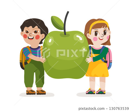 Two school children boy and girl smile and hold a large green apple on a white background, print for children shirt, card Two school children boy and girl smile and hold a large green apple on a white background, print for children shirt, card 130763539