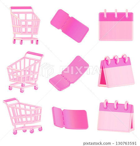 shopping cart and coupon with calendar pink iridescent 3D graphic cartoon style 130763591
