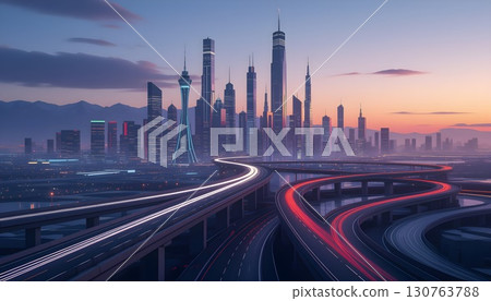 Highway and futuristic city skyline at sunset 130763788