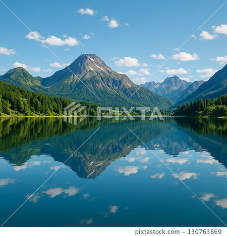 雄偉的夏日山脈和湖泊 130763869