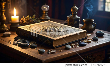 A scene of magic books and power stones on an antique desk 130764250