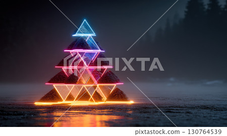 Glowing pyramid structure made of neon triangles stands on wet surface, surrounded by misty forest at night 130764539