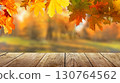 colorful fall leaves on wooden floor, blurred autumn natural background of forest with maple trees 130764562
