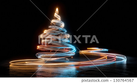 Glowing spiral Christmas tree made of colorful light trails on dark background creates festive atmosphere 130764567