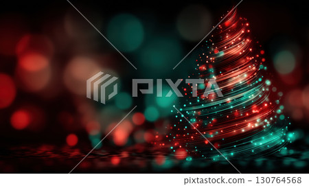 Glowing abstract Christmas tree with swirling red and green lights creates festive atmosphere 130764568