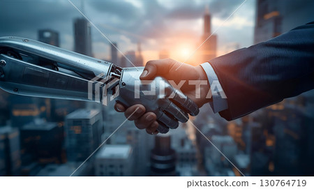 3D graphic of a robot and businessman shaking hands with a city background 130764719