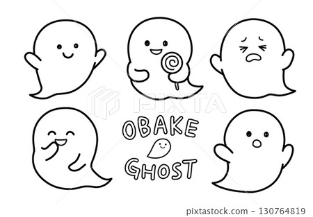 Cute ghost black and white line drawing illustration 130764819