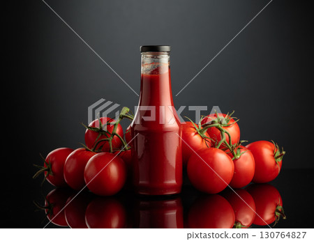 Bottle of ketchup or tomato sauce with fresh tomatoes. 130764827