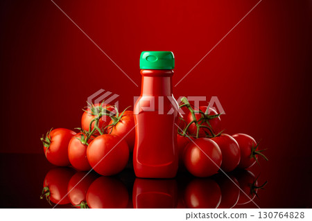 Bottle of ketchup or tomato sauce with fresh tomatoes. Bottle of ketchup or tomato sauce with fresh tomatoes. 130764828