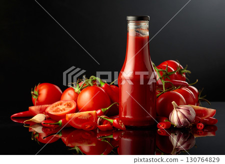 Bottle of tomato sauce with fresh tomatoes, red peppers, and garlic. Bottle of tomato sauce with fresh tomatoes, red peppers, and garlic. 130764829