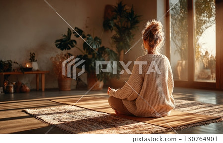Woman meditating at home in sunlit room practicing yoga and mindfulness 130764901