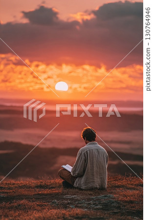 Writer creating story outdoors during beautiful sunset over hills Writer creating story outdoors during beautiful sunset over hills 130764946