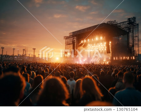 Crowd enjoying live music at sunset during open air festival 130765104