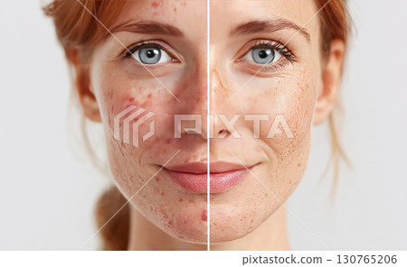 Woman showing before and after acne treatment effect on skin Woman showing before and after acne treatment effect on skin 130765206