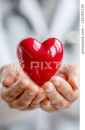 Doctor holding red heart in open hands, promoting cardiovascular health 130765220