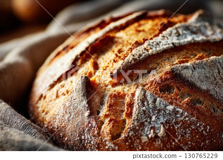 Freshly baked loaf of crusty bread resting on cloth 130765229