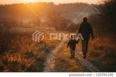 Father and son walking on country road at sunset 130765286