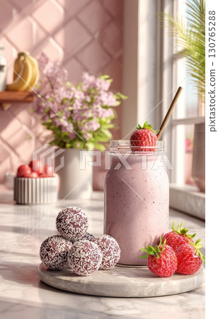 Delicious strawberry smoothie with coconut truffles in pink kitchen 130765288