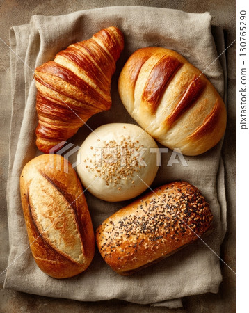 Variety of freshly baked bread and pastry displayed on linen cloth 130765290