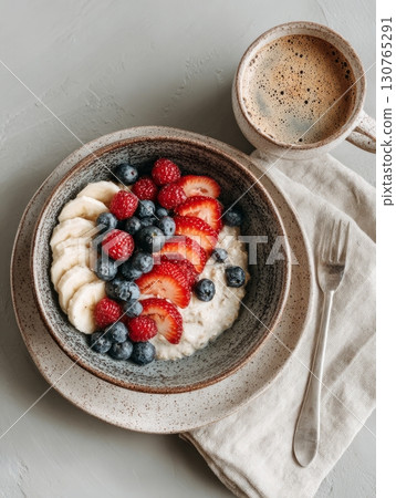 Oatmeal porridge with fresh berries and banana for healthy breakfast 130765291