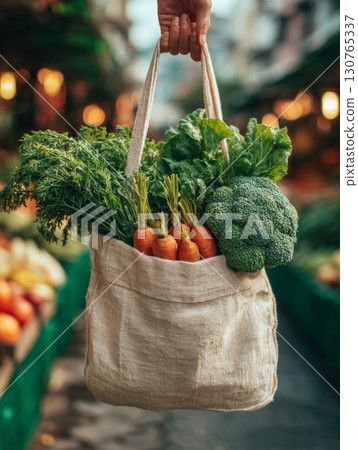 Hand holding reusable shopping bag filled with fresh vegetables at farmers market Hand holding reusable shopping bag filled with fresh vegetables at farmers market 130765337