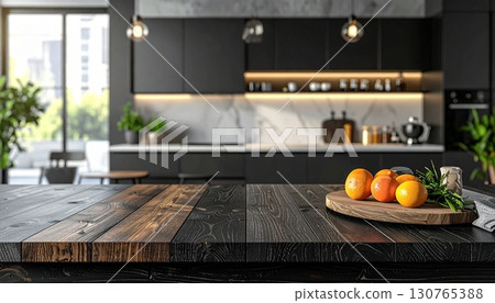 黑色木質檯面和廚房背景 - 人工智慧生成的插圖 130765388
