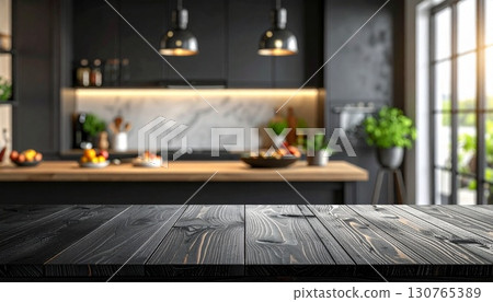 Black wood counter and kitchen background - AI-generated illustration 130765389