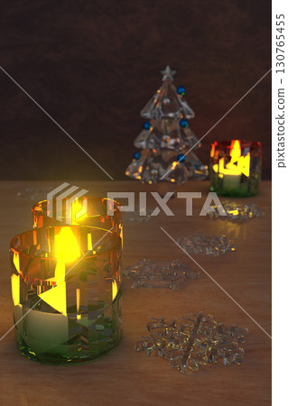 夜間桌面的 3DCG 垂直景觀,帶有玻璃聖誕物品 夜間桌面的 3DCG 垂直景觀,帶有玻璃聖誕物品 130765455