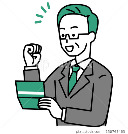 A middle-aged man in a suit is happy to see his bankbook 130765463