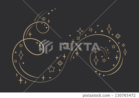Golden magical swirl with glowing stars and sparkles on dark background. Elegant decorative line art illustration with fantasy curves, shining stardust and mystical celestial ornament design 130765472