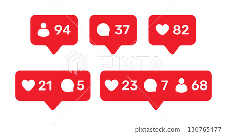 Social media notification icons set with followers, likes and comments counters. Red pop up bubble design isolated on white background for digital marketing, community engagement and interaction Social media notification icons set with followers, likes and comments counters. Red pop up bubble design isolated on white background for digital marketing, community engagement and interaction 130765477