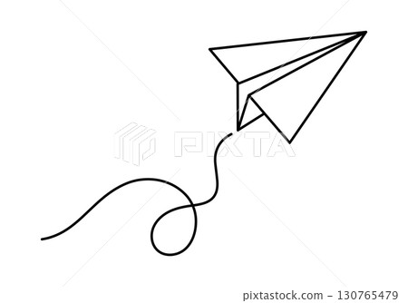 Paper airplane flying with a curly trail. Minimal line art illustration. Editable stroke. Drawing symbolizing freedom, travel, communication, creativity, adventure, message, imagination and dreams Paper airplane flying with a curly trail. Minimal line art illustration. Editable stroke. Drawing symbolizing freedom, travel, communication, creativity, adventure, message, imagination and dreams 130765479