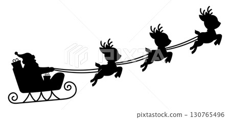 Christmas silhouette of Santa Claus in sleigh with reindeer flying in the sky. Festive winter holiday illustration for greeting card, decoration, print, New Year celebration, Xmas design element 130765496