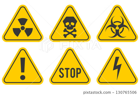 Set of yellow warning signs. Triangle hazard symbols with skull, radiation, biohazard, electricity, exclamation mark and stop text. Safety caution, medical and biological hazard warning signs 130765506