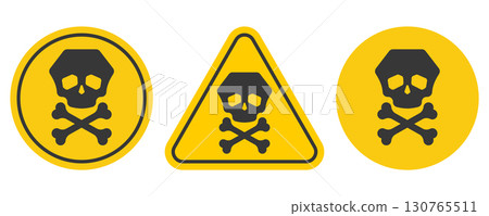 Yellow danger triangle and circle with black skull and crossbones symbol. Toxic hazard warning sign illustration. Poison caution icon for safety, chemical risk, alert, health danger, contamination Yellow danger triangle and circle with black skull and crossbones symbol. Toxic hazard warning sign illustration. Poison caution icon for safety, chemical risk, alert, health danger, contamination 130765511