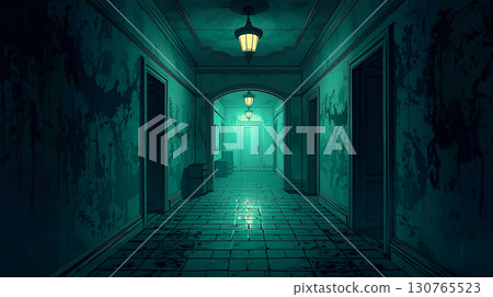 A dark and eerie hallway in a Western-style mansion 130765523