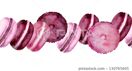 Round puffy macarons, top and side view moon pies, sandwich cakes stacked in seamless line. Hand drawn watercolor banner header illustration. Birthday invites, sweet shop decor, clipart collections. Round puffy macarons, top and side view moon pies, sandwich cakes stacked in seamless line. Hand drawn watercolor banner header illustration. Birthday invites, sweet shop decor, clipart collections. 130765605