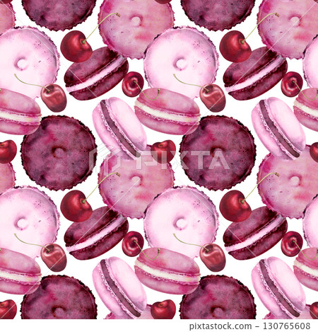 Cherry berry macarons, whoopie pie donuts, assorted sandwich cakes hand drawn in watercolor. Isolated dessert image for seamless food patterns, kitchen fabric, digital scrapbooking, product packaging. Cherry berry macarons, whoopie pie donuts, assorted sandwich cakes hand drawn in watercolor. Isolated dessert image for seamless food patterns, kitchen fabric, digital scrapbooking, product packaging. 130765608