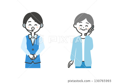 Illustration of a smiling elderly woman making a phone call and a smiling female operator Illustration of a smiling elderly woman making a phone call and a smiling female operator 130765993