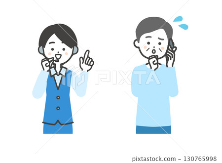 Illustration of a troubled elderly man making a phone call and a female operator Illustration of a troubled elderly man making a phone call and a female operator 130765998