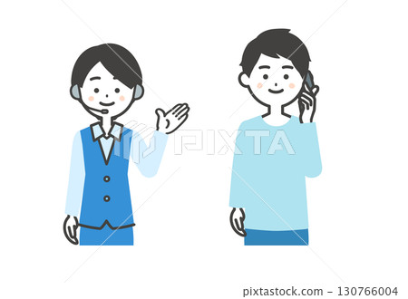 圖:一位微笑的男士打電話,一位微笑的女接線生 圖:一位微笑的男士打電話,一位微笑的女接線生 130766004