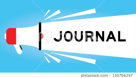 Color megaphone icon with word journal in white banner on blue background Color megaphone icon with word journal in white banner on blue background 130766297