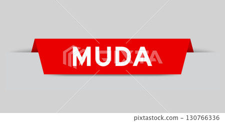 Red color inserted label with word muda on gray background Red color inserted label with word muda on gray background 130766336